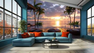 A realistic, high-resolution rendering of a wooden terrace with suspended sofa chairs flanking a pool, offering views of the sea Wall mural