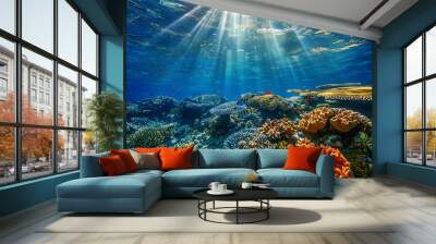 A thriving coral reef with colorful fish, clear blue water, and sunlight creating dappled patterns on the ocean floor. Wall mural