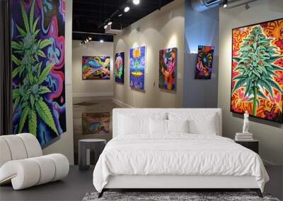 A vibrant cannabis-themed art gallery, colorful and diverse artworks on display, modern interior, bright lighting highlighting each piece, dynamic and creative atmosphere, celebrating art Wall mural