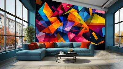 Abstract art with sharp geometric shapes in bright hues, arranged dynamically on a dark background to create depth. Wall mural