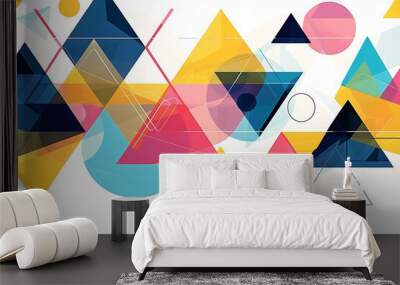 Abstract geometric design with interlocking triangles and circles in vibrant hues, against a clean white background, creating a dynamic, minimalist pattern. Wall mural