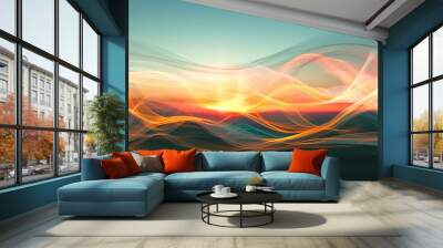 Abstract sunrise, blending warm and cool tones, dynamic and flowing composition, evokes peace and transition, soft gradients and subtle details, glowing horizon Wall mural