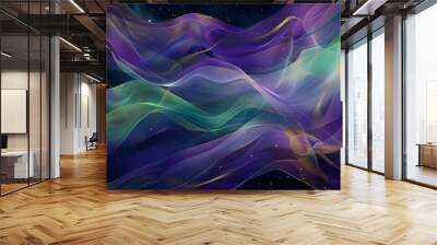 An abstract composition with flowing lines in shades of purple, blue, and green, accented with gold highlights, set against a dark background, creating a sense of elegance and movement. Wall mural