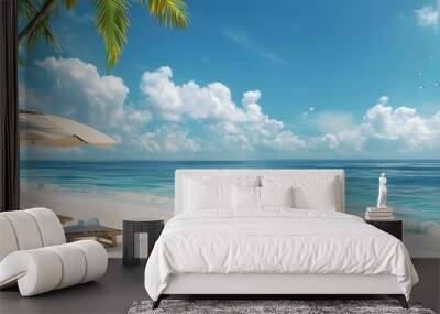 An beach panorama with fine white sand, tall, swaying palm trees, and two sunbeds under a generously sized umbrella, featuring a sweeping view of the calm Wall mural