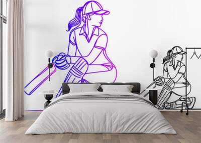 line art woman posing cricket playing style Wall mural