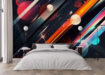 Minimalist abstract art featuring sharp diagonal lines and bright circles, creating a sense of energy on a black background. Wall mural