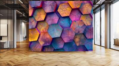 Overlapping hexagons, shifting angles, dynamic mesh, vibrant gradient, visual harmony, optical depth, kinetic energy, bold contrasts, intricate patterns, fluid motion Wall mural