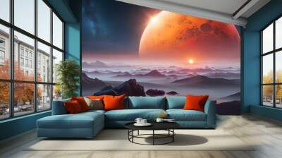 Stunning landscape in other planet with two suns Wall mural