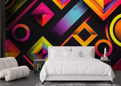 Vibrant geometric abstraction with overlapping diamonds and circles in neon colors, set against a black background. Wall mural