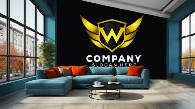 Luxury Letter W Gold Wing with Shield Logo template, Golden Wing Shield Luxury Initial Letter W logo Wall mural