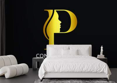 P Letter Beauty Face initial P luxury beauty queen woman face logo design vector. consisting of letter P with lady face on negative space Wall mural