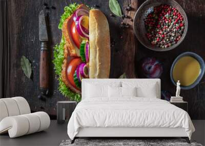 Delicious sandwich with roasted pork neck, cucumber and onion Wall mural