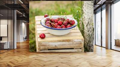 Freshly harvested sweet cherries in the white bowl Wall mural