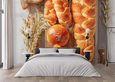 Healthy variety of breads on table in rustic kitchen. Wall mural