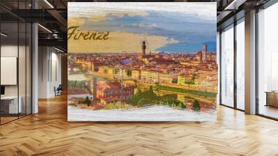 Panorama of Florence at sunset, Italy, watercolor painting Wall mural