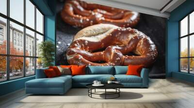 Salty and delicious pretzels as a snack for beer. Wall mural