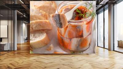 Tasty and healthy marinated fish in oil, tomatoes and onions. Wall mural