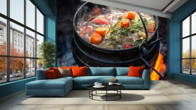 Tasty and homemade hunter's stew on campfire Wall mural