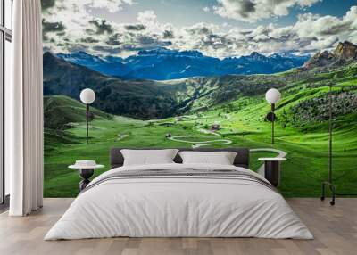 Winding road in Passo Giau and green Dolomites, aerial view Wall mural