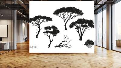 African trees black silhouettes. Isolated savannah plants. Wild forest acacia. Natural landscape elements. Australian wood set Wall mural