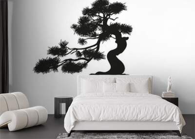 Black silhouette of a bonsai on a white background. Detailed ima Wall mural