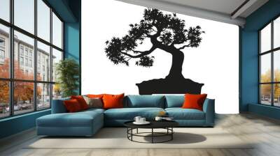 Black silhouette of a bonsai on a white background. Detailed ima Wall mural