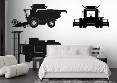 Black silhouette of combine harvester. Side, front and top view of agriculture machinery. Farming vehicle. Industrial isolated drawing Wall mural