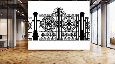 Black silhouette of gothic cemetery gate with ornament. Isolated drawing of cathedral build. Fantasy architecture. European medieval landmark. Design element. Wall mural