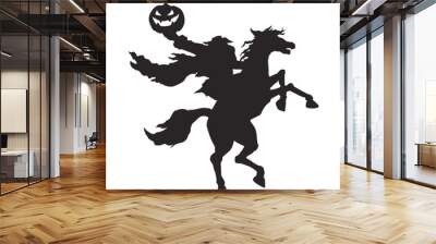 Black silhouette of headless horseman. Isolated drawing of halloween horror. Scary rider without head. Spooky ghost on rearing horse. Gothic mystical evil Wall mural