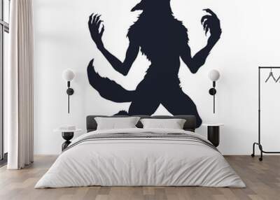 Black silhouette of werewolf. Halloween legendary monster. Isolated scary wolf drawing. Fantasy wolfman clipart Wall mural