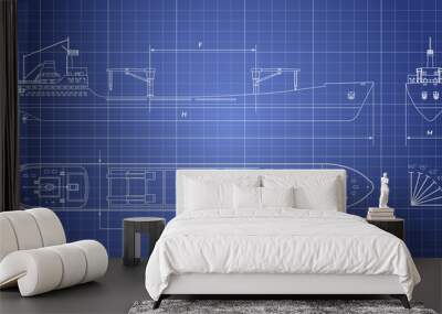 Blueprint of cargo ship on a white background. Top, side and front view. Container transport Wall mural