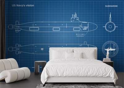 Blueprint of submarine. Military ship. Top, front and side view. Battleship model. Industrial drawing. Warship in outline style Wall mural