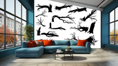 Broken tree isolated silhouettes. Black template of destroyed forest. Fallen wood. Branches and trunks after storm Wall mural