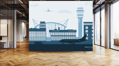 Landscape of airport. Transportation terminal silhouette. Airplane on aerodrome background. Aviation scene Wall mural