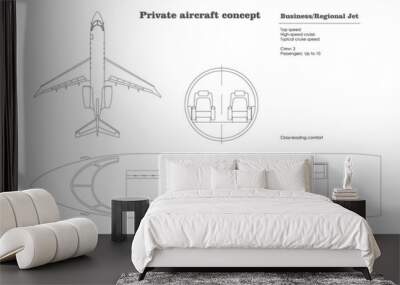 Outline business jet interior. Private aircraft map. Top view of regional plane. Plane seats scheme. Drawing of commercial transport. Industrial blueprint Wall mural