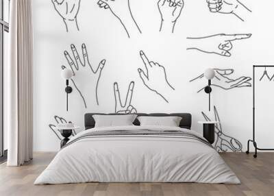 Outline woman hands. Isolated gestures set. Girl palm icons. Contour drawing of female fingers. Line arm silhouette Wall mural