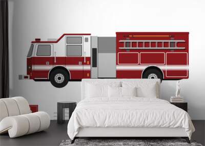 Red fire truck in a flat style on a white background. Car of fire department Wall mural