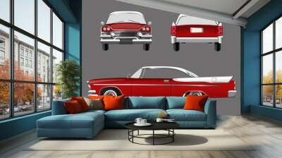 Red retro car on gray background. Vintage cabriolet in a realistic style. Front, side and back view.  Wall mural