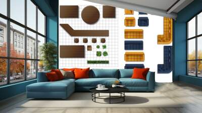 Top view of restaurant interior. 3D cafe layout icons. Isolated furniture for bar map. Above drawing. Pub industrial plan element. Overhead sofa and table symbols Wall mural