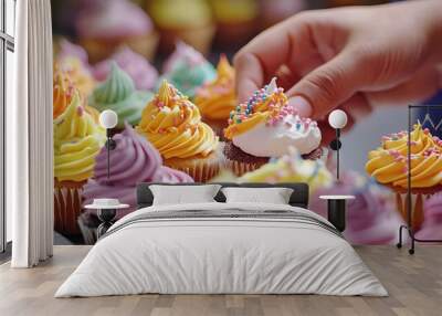 A closeup of a table full of colorful and decorated cupcakes. A baker is in the background, putting the finishing touches on the last cupcake. Wall mural