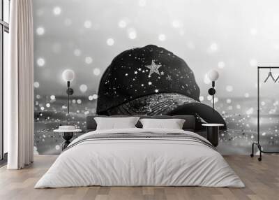 Cap: A cap, on a white background, surrounded by shining stars in black and white tones Wall mural