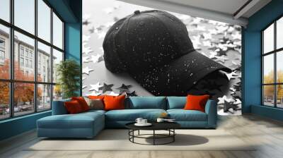 Cap: A cap, on a white background, surrounded by shining stars in black and white tones Wall mural