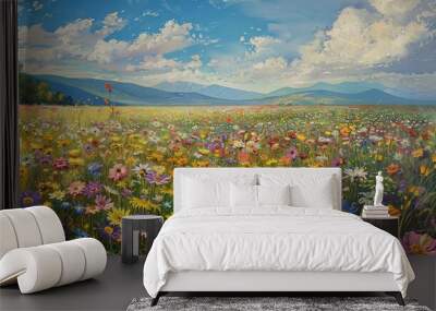 Field of Wildflowers: A vast field bursts with wildflowers, from daisies to poppies, creating a vivid tapestry of colors that stretches across the landscape Wall mural