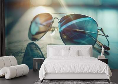 Sunglasses: A pair of sunglasses is elegantly photographed on a bright surface. The details of the frame and reflections on the lenses are visible, highlighting the sunglasses' design and style Wall mural