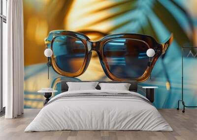 Sunglasses: A pair of sunglasses is elegantly photographed on a bright surface. The details of the frame and reflections on the lenses are visible, highlighting the sunglasses' design and style Wall mural