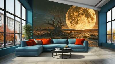 The moon rises over the barren desert, its eerie light serves as a haunting symbol of the environmental changes wrought by global warming, captured vividly in this 3D render Wall mural