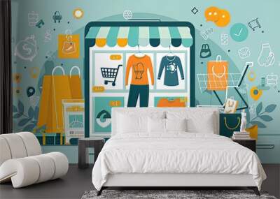 The vector concept of shopping online on a website or mobile application encapsulates the convenience and accessibility of modern e-commerce  Wall mural