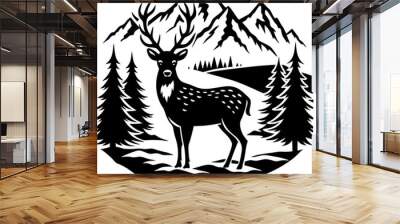 A fallow deer standing in a forest and mountain vector Wall mural