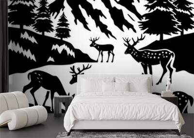 A herd of fallow deer grazing near a forested mountain river black vector Wall mural