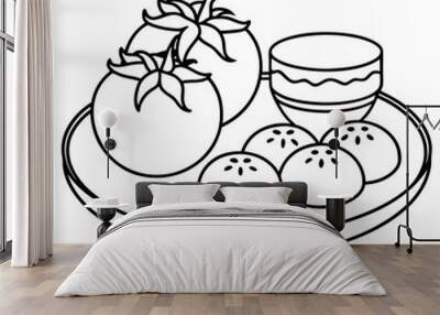 Eggs tomatoes breakfast line art vector Wall mural